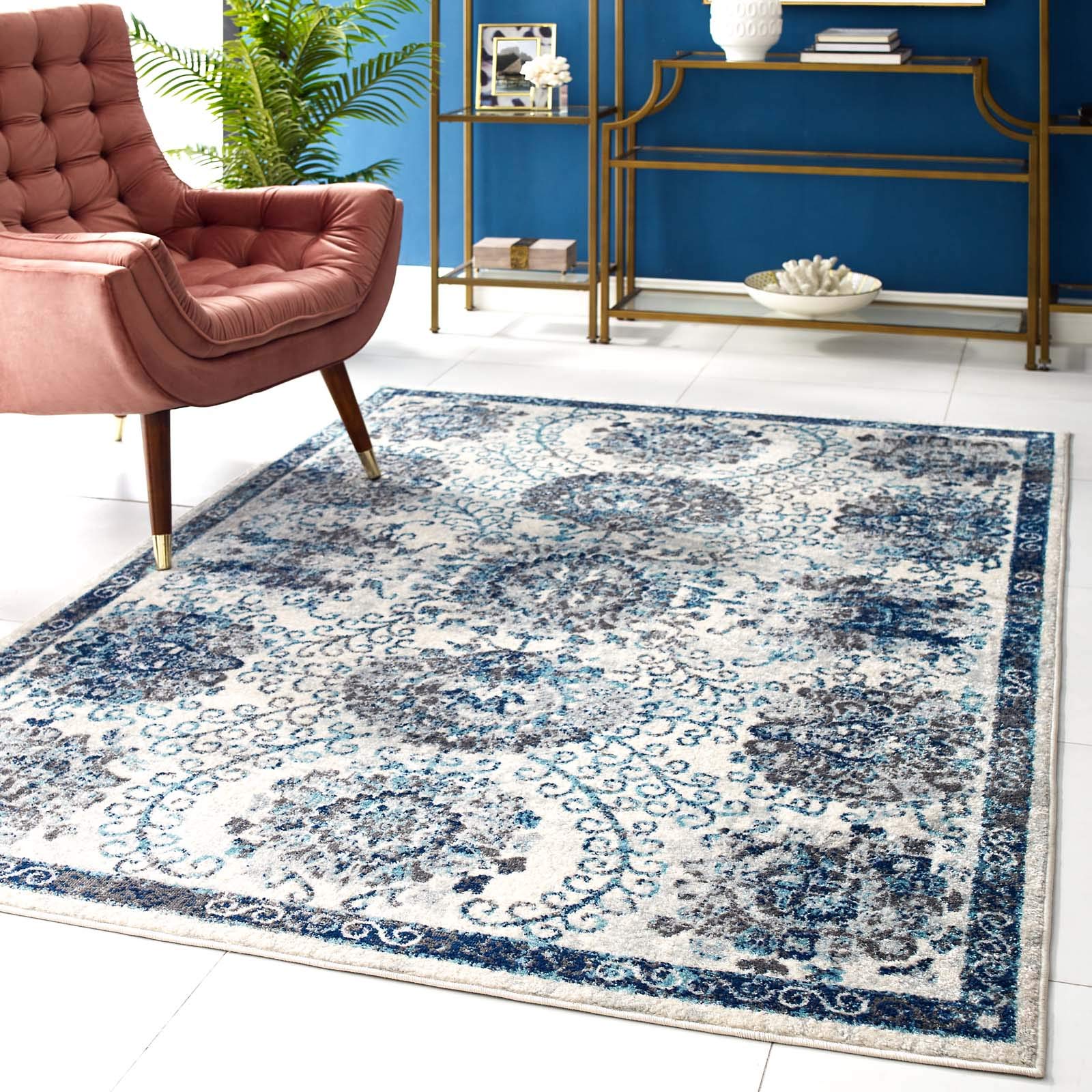Modway Entourage Kensie Distressed Vintage Floral Moroccan Trellis Area Rug, 5X8, Ivory And Blue